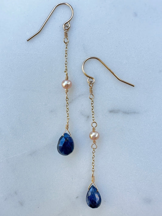 The Priya Earring in Blue Sapphire with Pink Freshwater Pearl